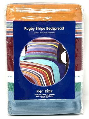 Pier One 1 Kids Full Size Bedspread Blanket Multi Color Rugby Stripe Lightweight